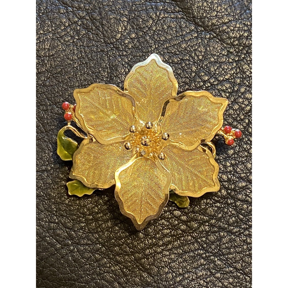 Vintage Mesh Poinsettia and Holly Berry Brooch Signed KC Kenneth Cole  Gold Tone